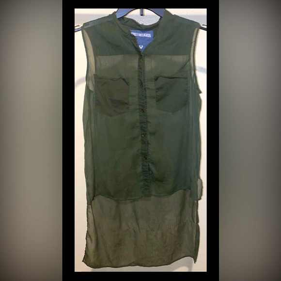 True Religion High Low Collared Button Up Mesh Top size Medium - Pine Green - Picture 1 of 5